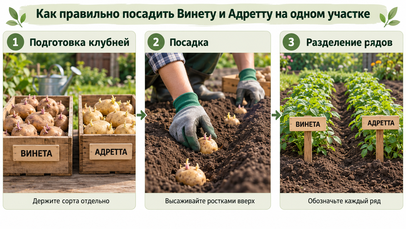 Пошаговая посадка семенного картофеля Винета и Адретта — подготовка клубней, высадка в грунт и обозначение отдельных рядов