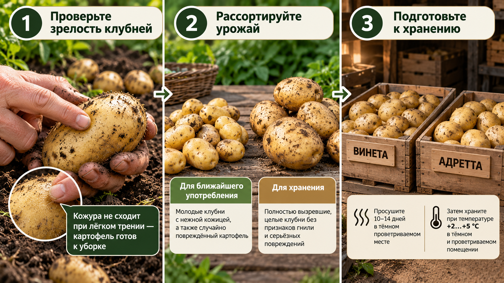 Проверка зрелости картофеля Винета и Адретта, сортировка выкопанных клубней и подготовка урожая к хранению
