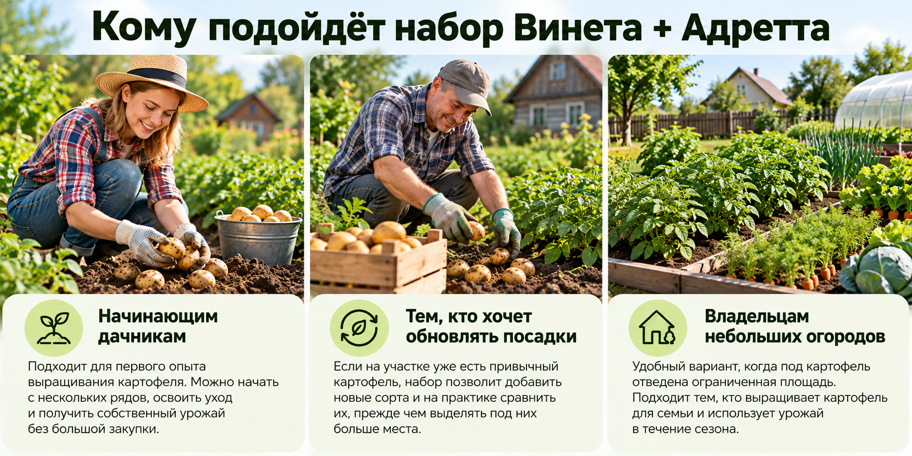 Кому подойдёт набор семенного картофеля Винета и Адретта — начинающим дачникам, для обновления посадок и небольших огородов