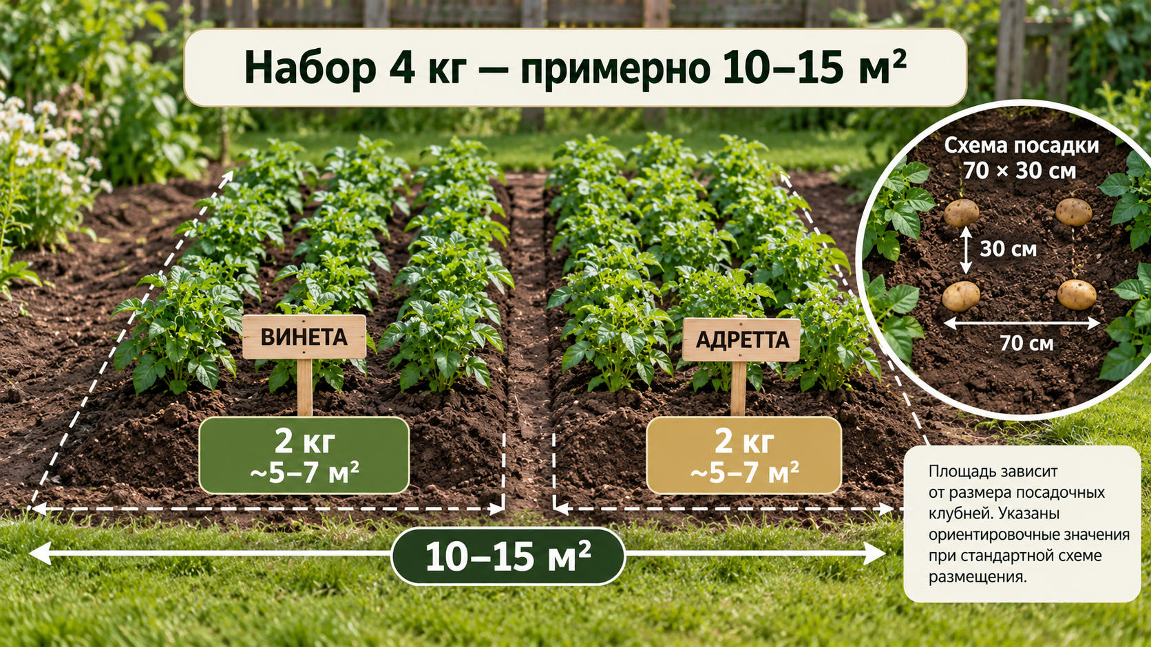 Схема посадки набора Винета и Адретта 4 кг на площади около 10–15 м² с расстоянием 70 × 30 см