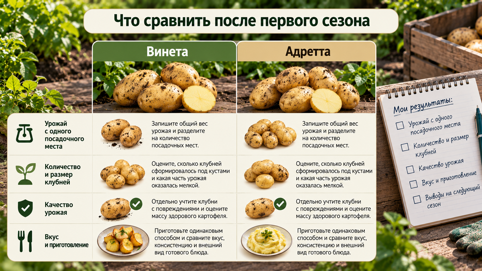 Сравнение картофеля Винета и Адретта после первого сезона по урожайности, размеру и качеству клубней, вкусу