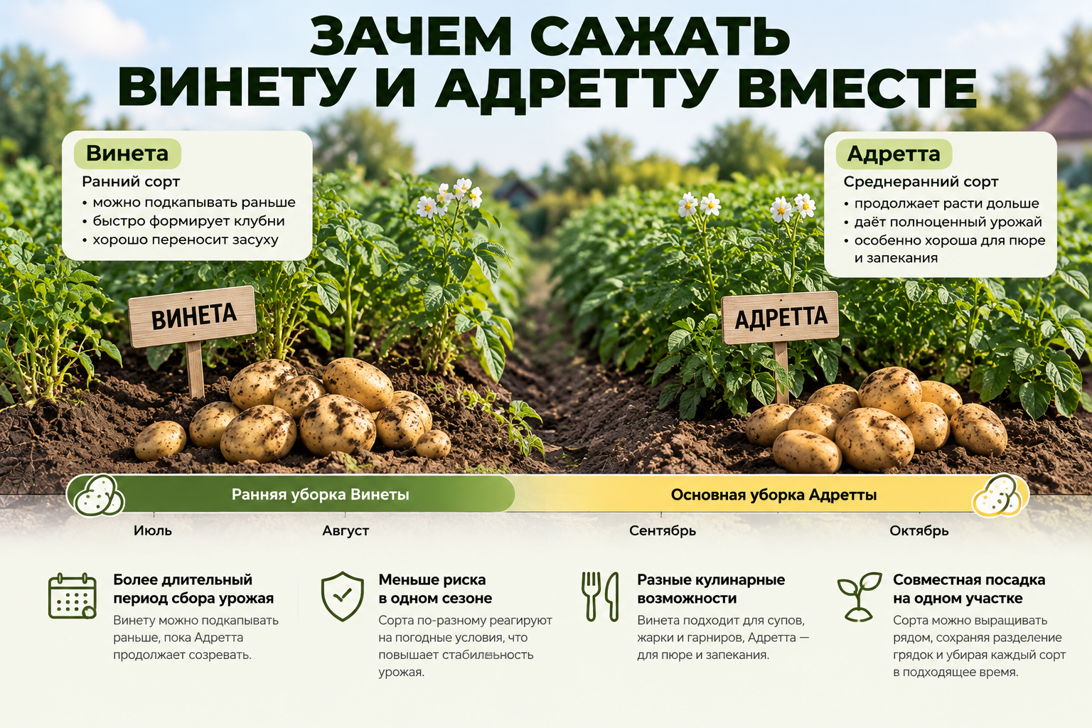 Зачем сажать Винету и Адретту вместе — выборочная уборка ранней Винеты и дальнейшее созревание Адретты на соседних грядках