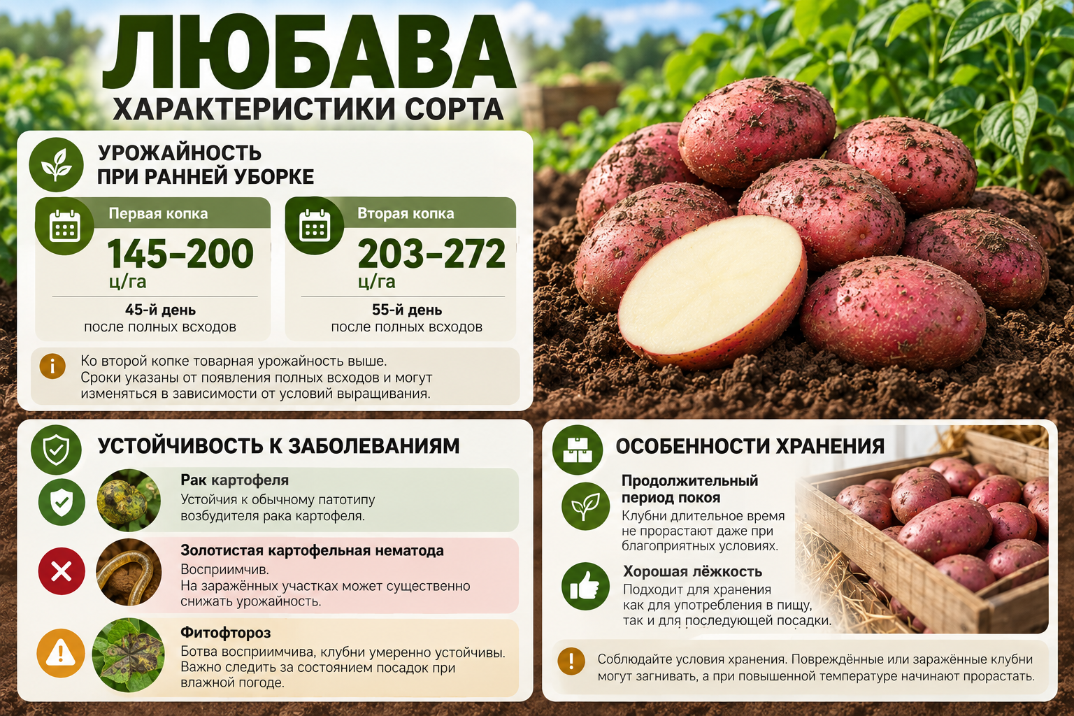 Характеристики картофеля Любава — урожайность на 45-й и 55-й день после всходов, устойчивость к заболеваниям