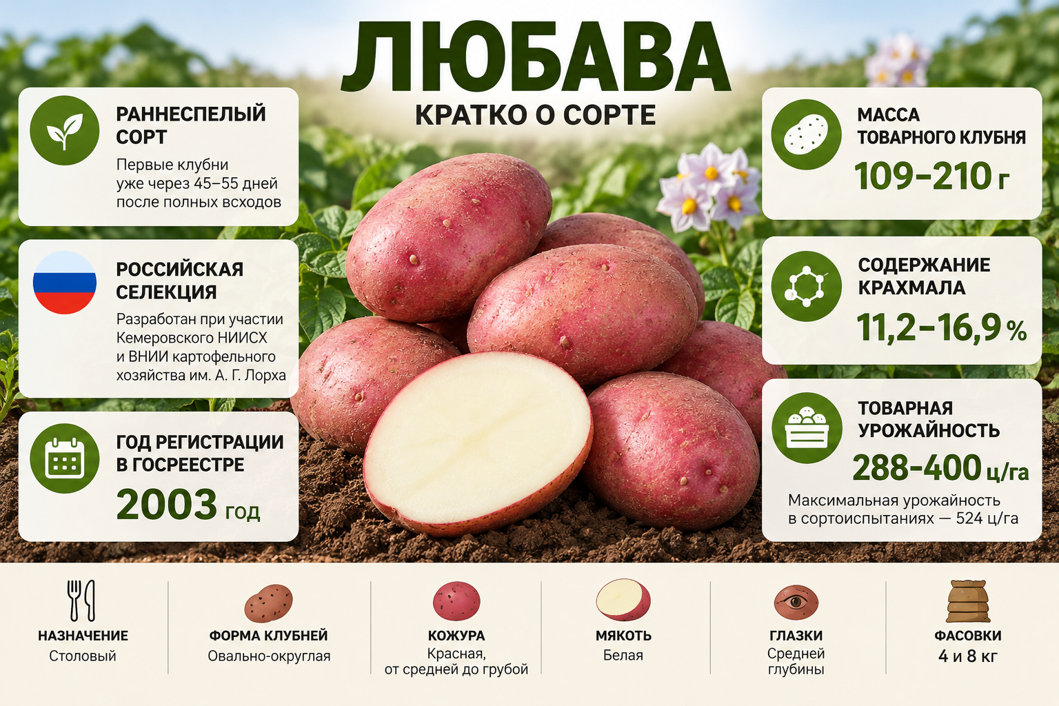 Кратко о сорте картофеля Любава — раннеспелость, красные клубни, урожайность и содержание крахмала