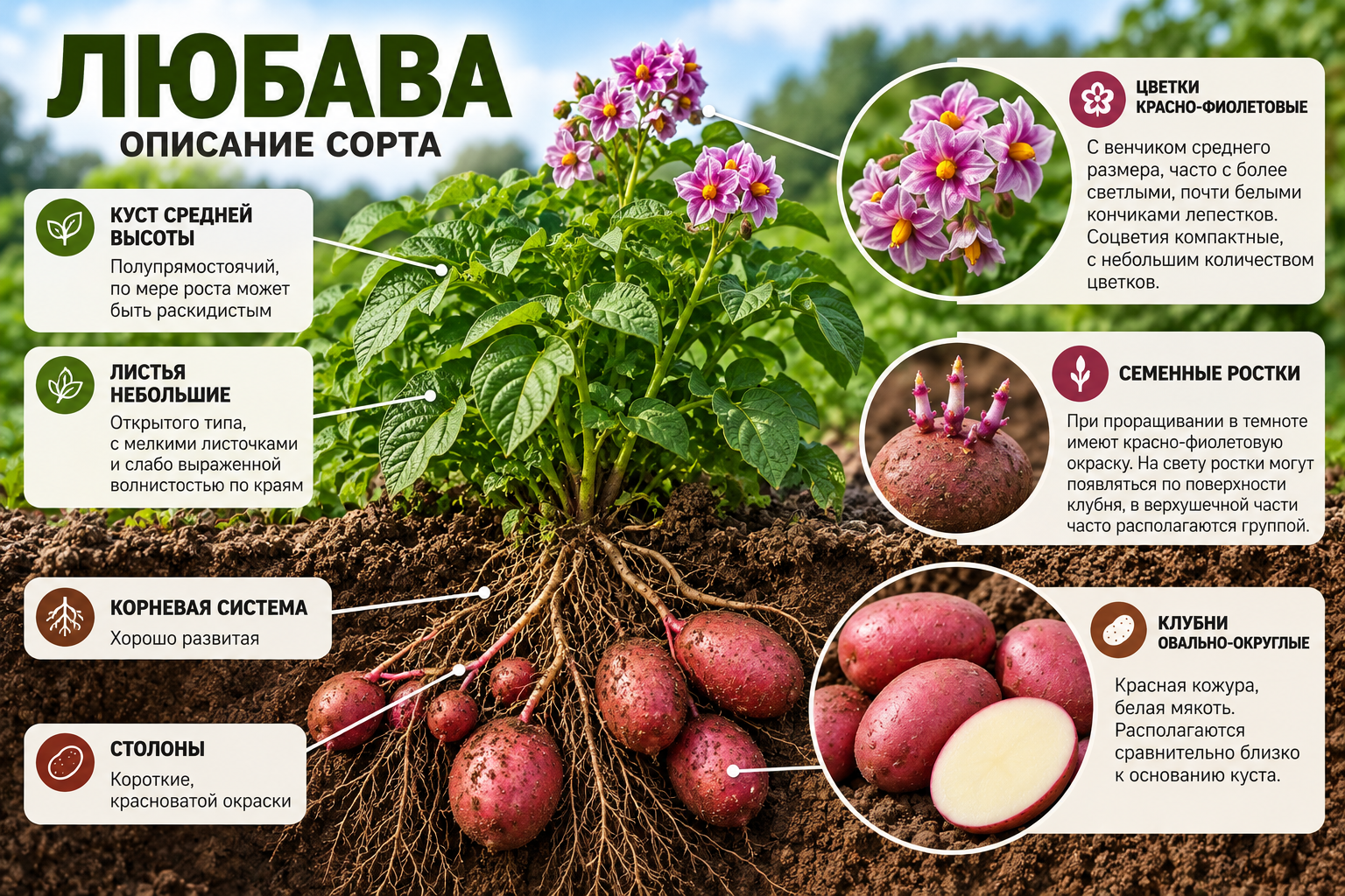 Описание сорта картофеля Любава — строение куста, красно-фиолетовые цветки, корневая система и формирование клубней