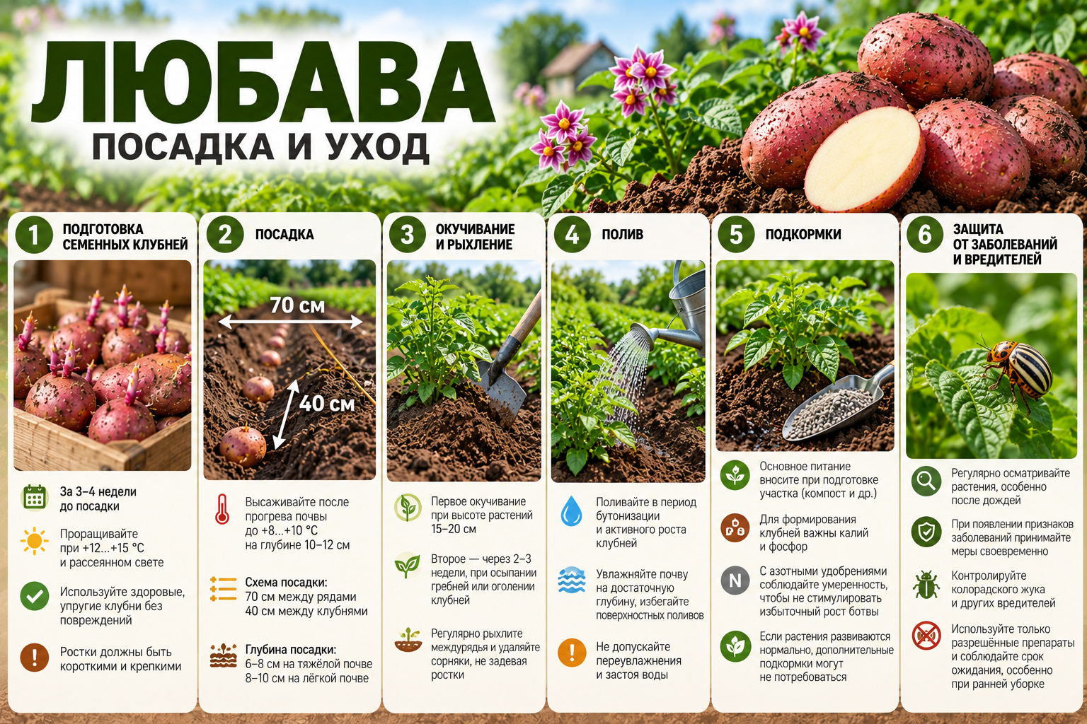 Посадка и уход за картофелем Любава — подготовка клубней, схема посадки 70 × 40 см, окучивание, полив и защита растений