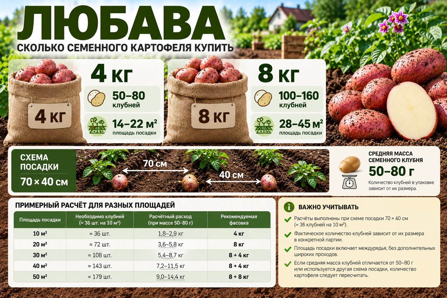 Сколько семенного картофеля Любава купить — фасовки 4 и 8 кг, количество клубней и площадь посадки