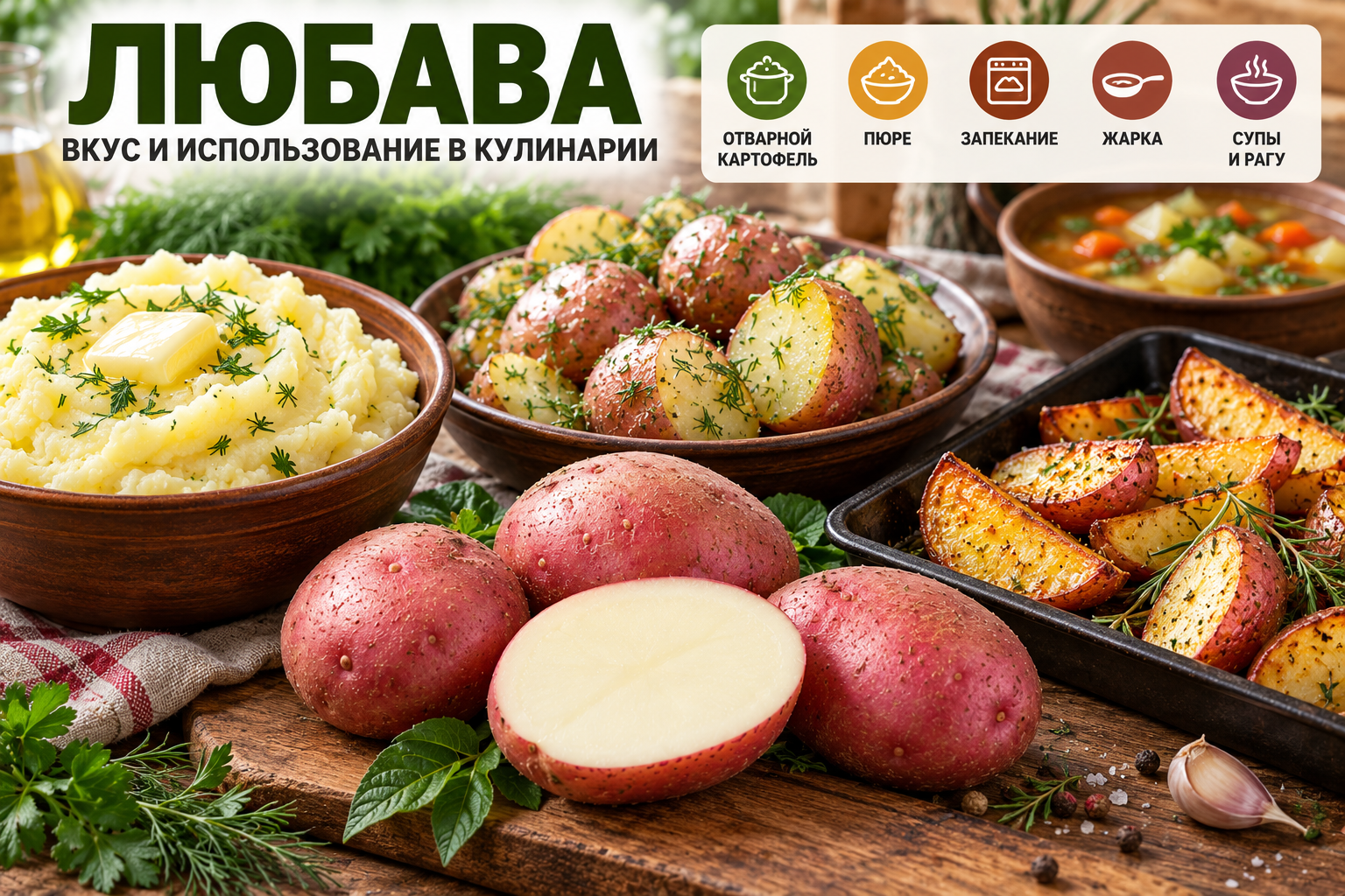 Картофель Любава в кулинарии — картофельное пюре, отварной картофель с зеленью и запеченные дольки
