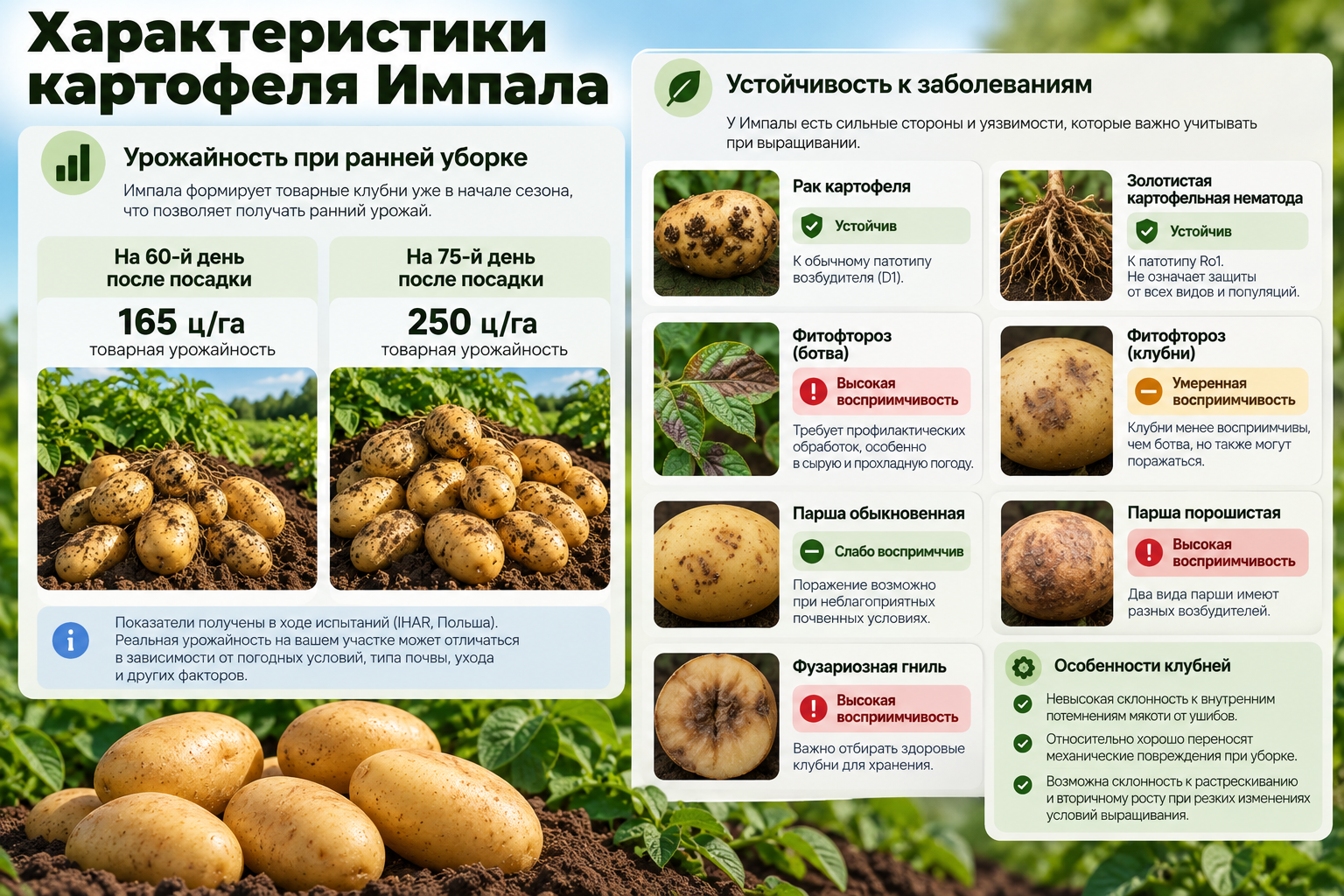 Характеристики картофеля Импала — урожайность на 60-й и 75-й день после посадки, устойчивость к заболеваниям