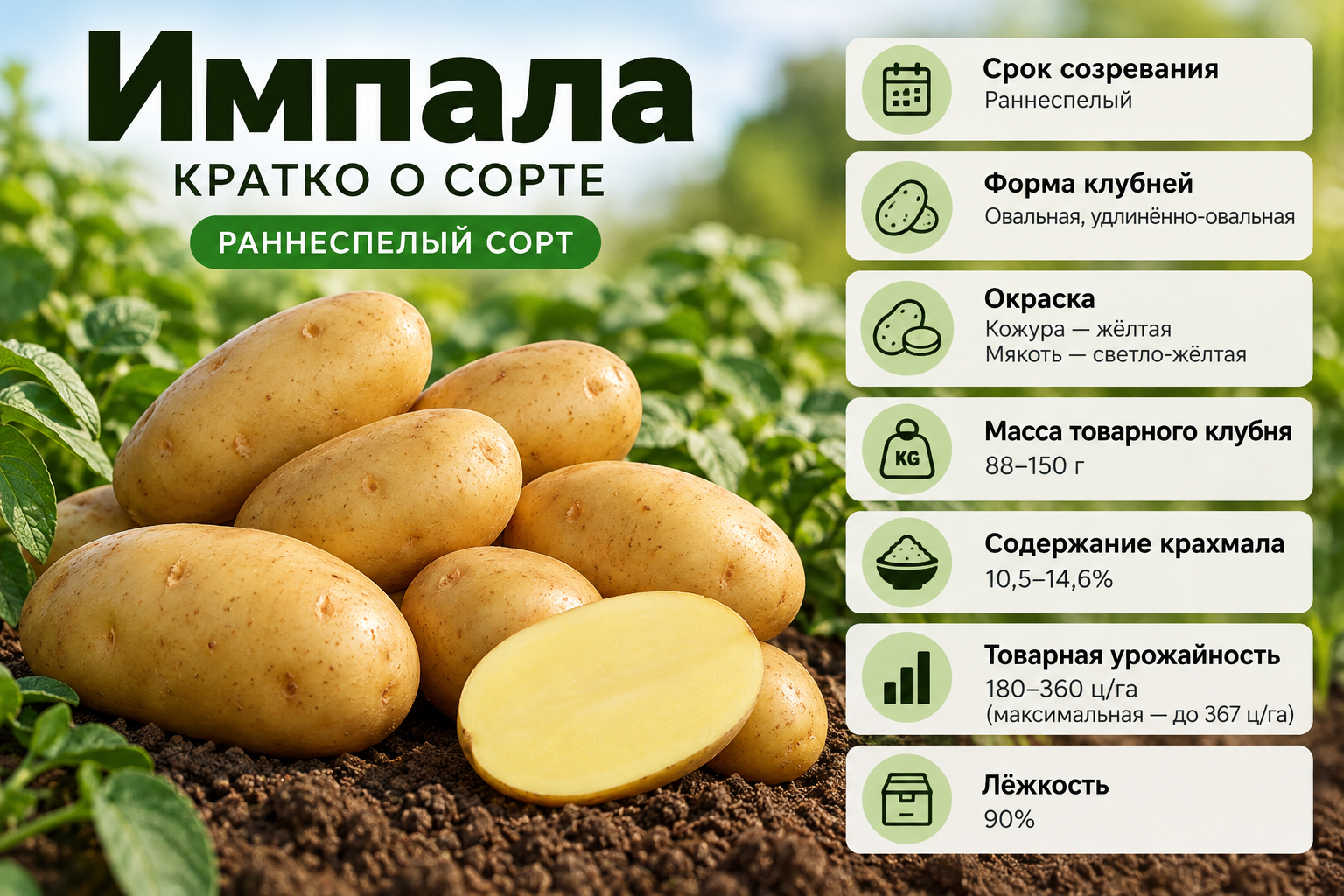 Кратко о сорте картофеля Импала — раннеспелость, жёлтые клубни, урожайность и крахмалистость