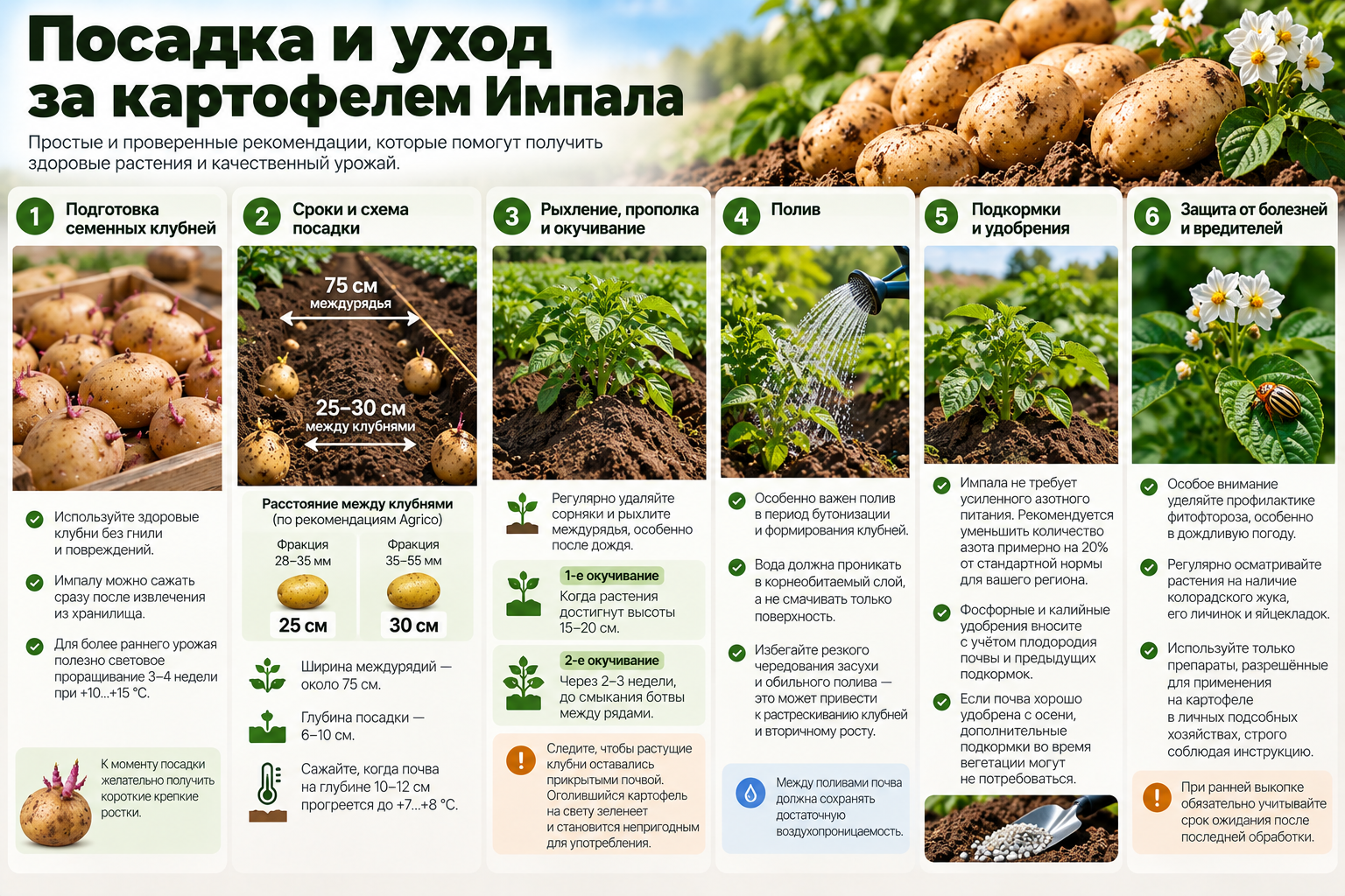 Посадка и уход за картофелем Импала — подготовка клубней, схема посадки, окучивание, полив и защита растений