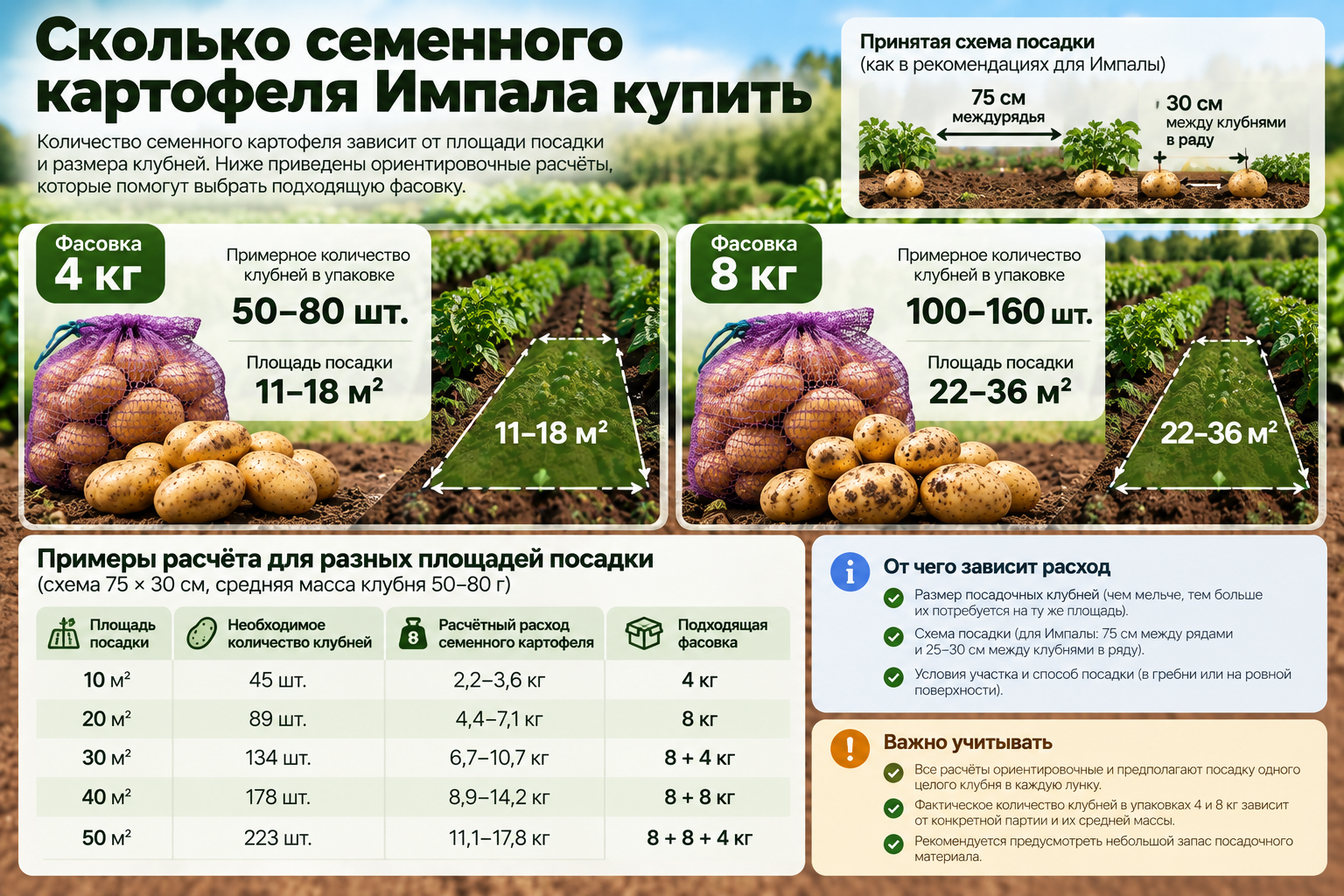 Сколько семенного картофеля Импала купить — фасовки 4 и 8 кг, количество клубней и площадь посадки