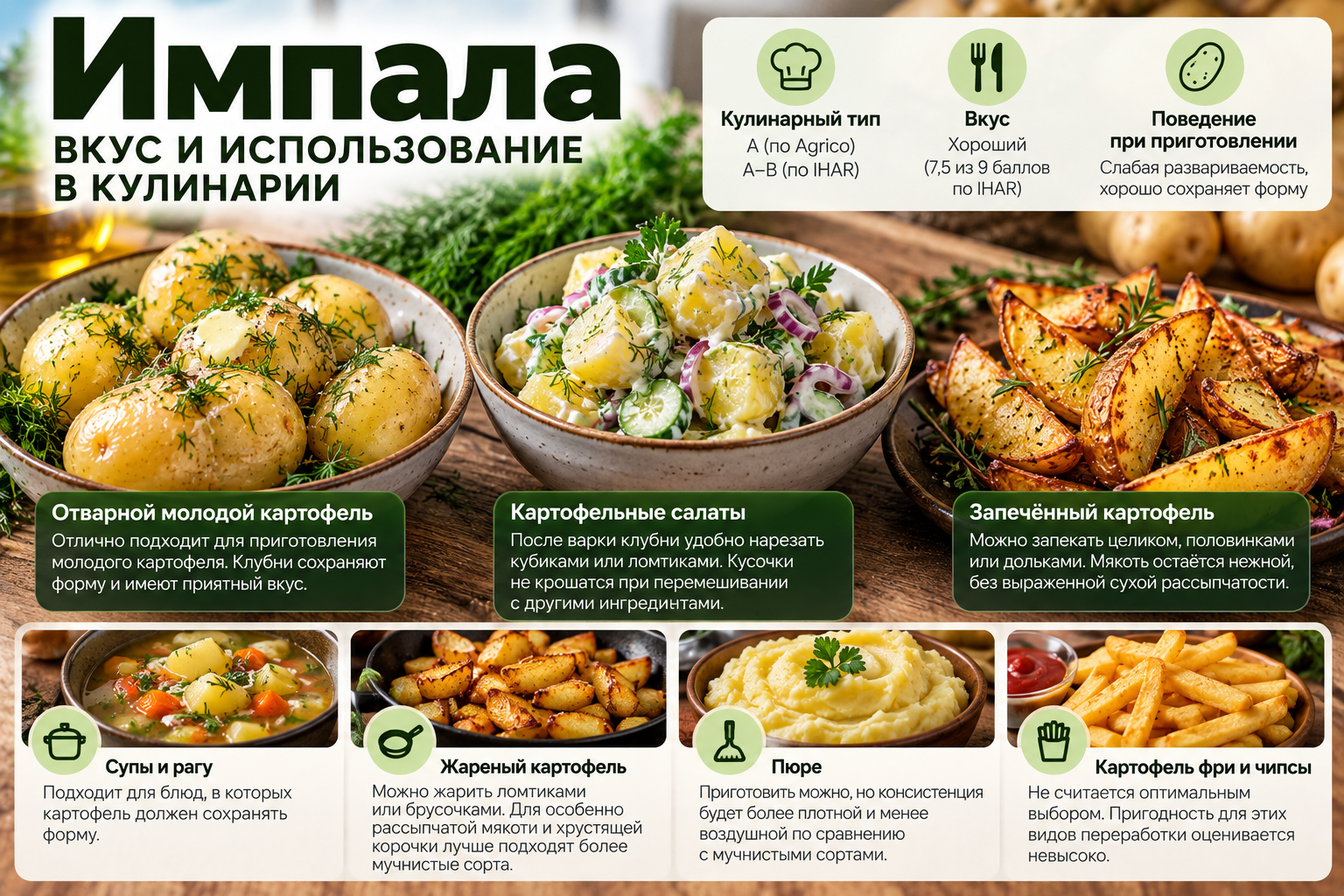 Картофель Импала в кулинарии — отварной молодой картофель, картофельный салат и запеченные дольки