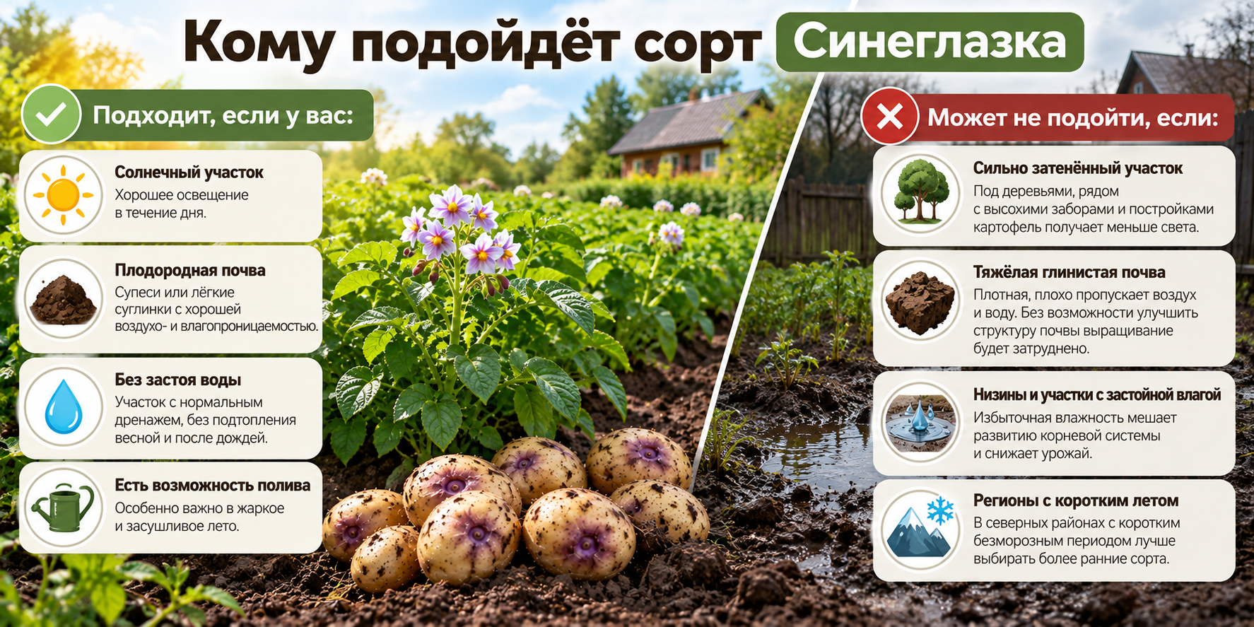 Кому подойдет сорт картофеля Синеглазка — солнечный участок с рыхлой почвой и неблагоприятные условия выращивания