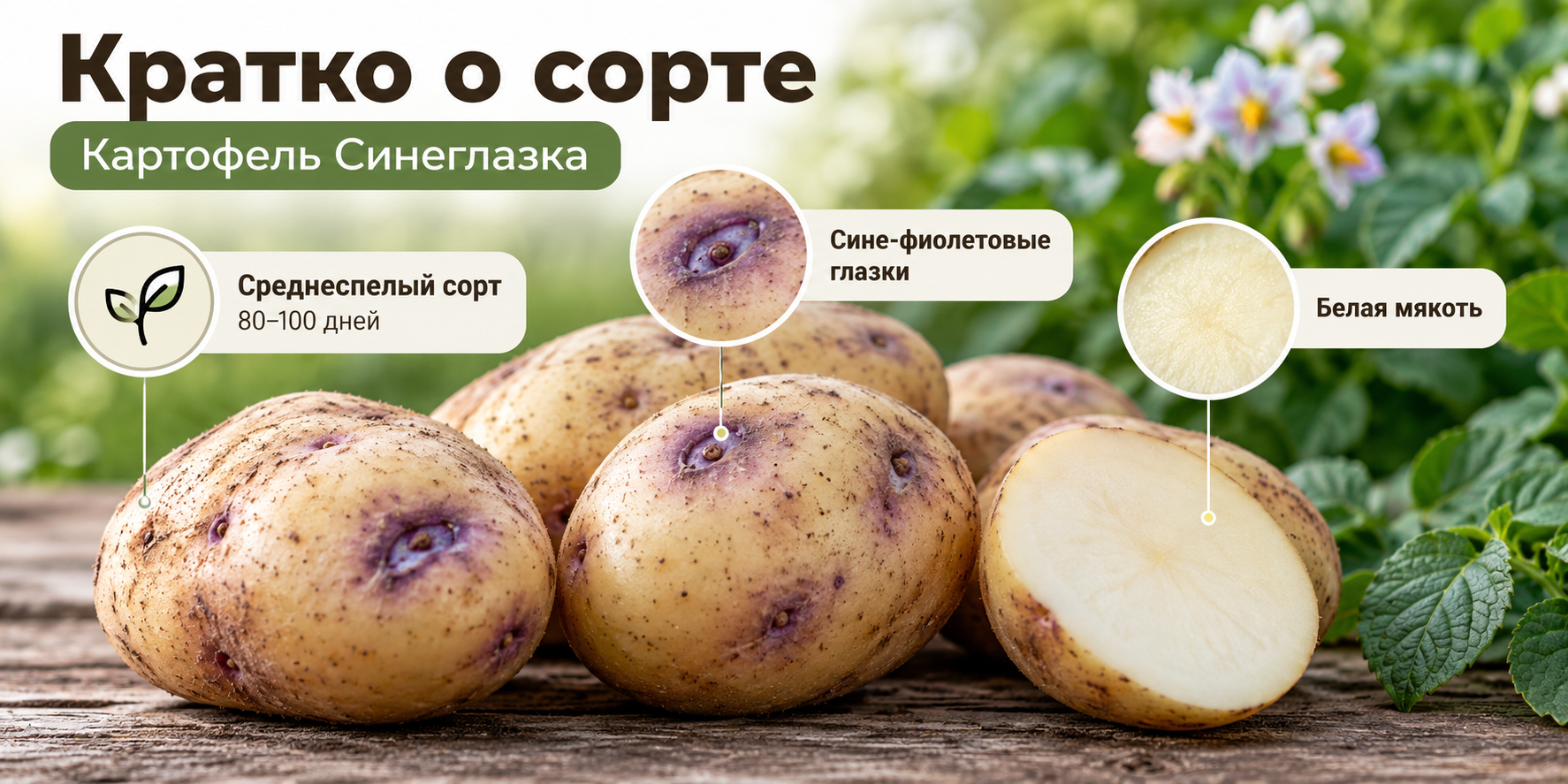 Кратко о сорте картофеля Синеглазка — форма клубней, сине-фиолетовые глазки, белая мякоть и характеристики