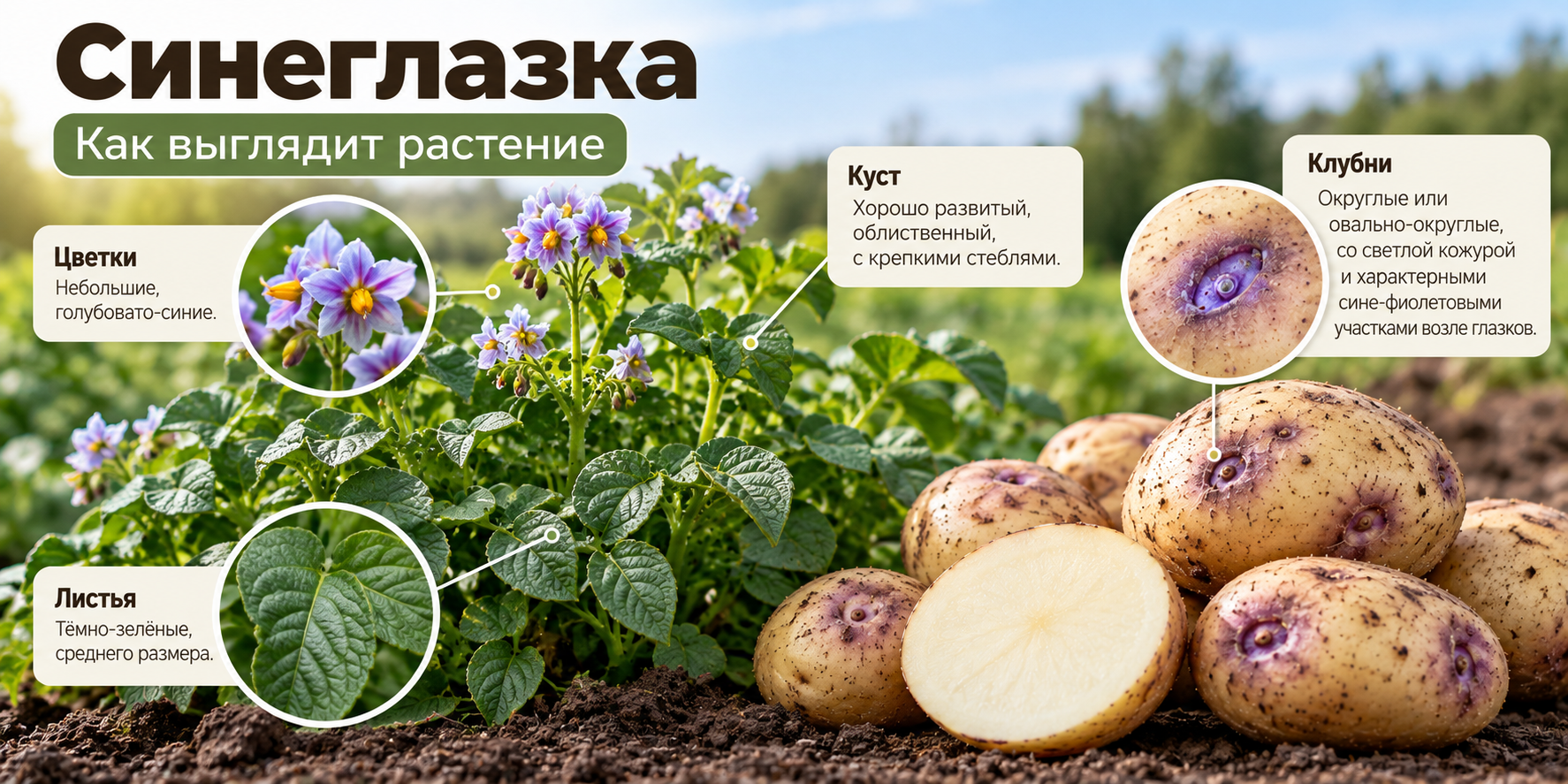 Описание картофеля Синеглазка — куст с зелёными листьями, стебли и голубовато-синие цветки