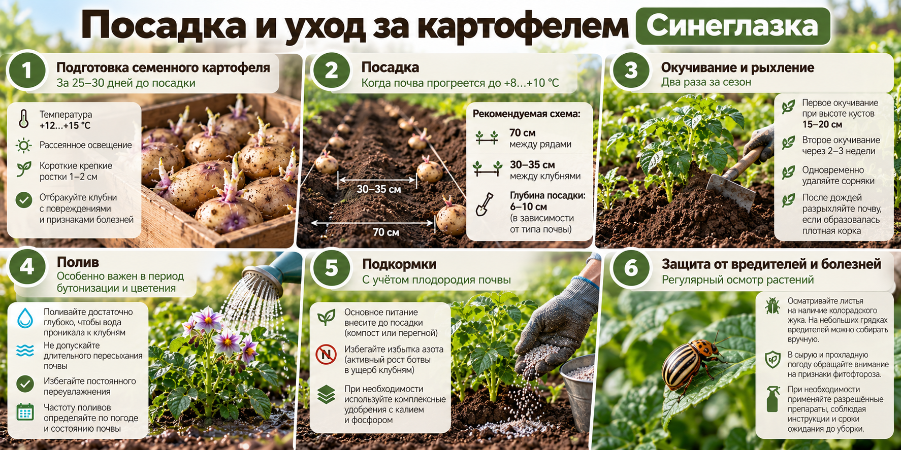 Посадка и уход за картофелем Синеглазка — проращивание клубней, схема посадки, окучивание, полив, подкормки и защита растений