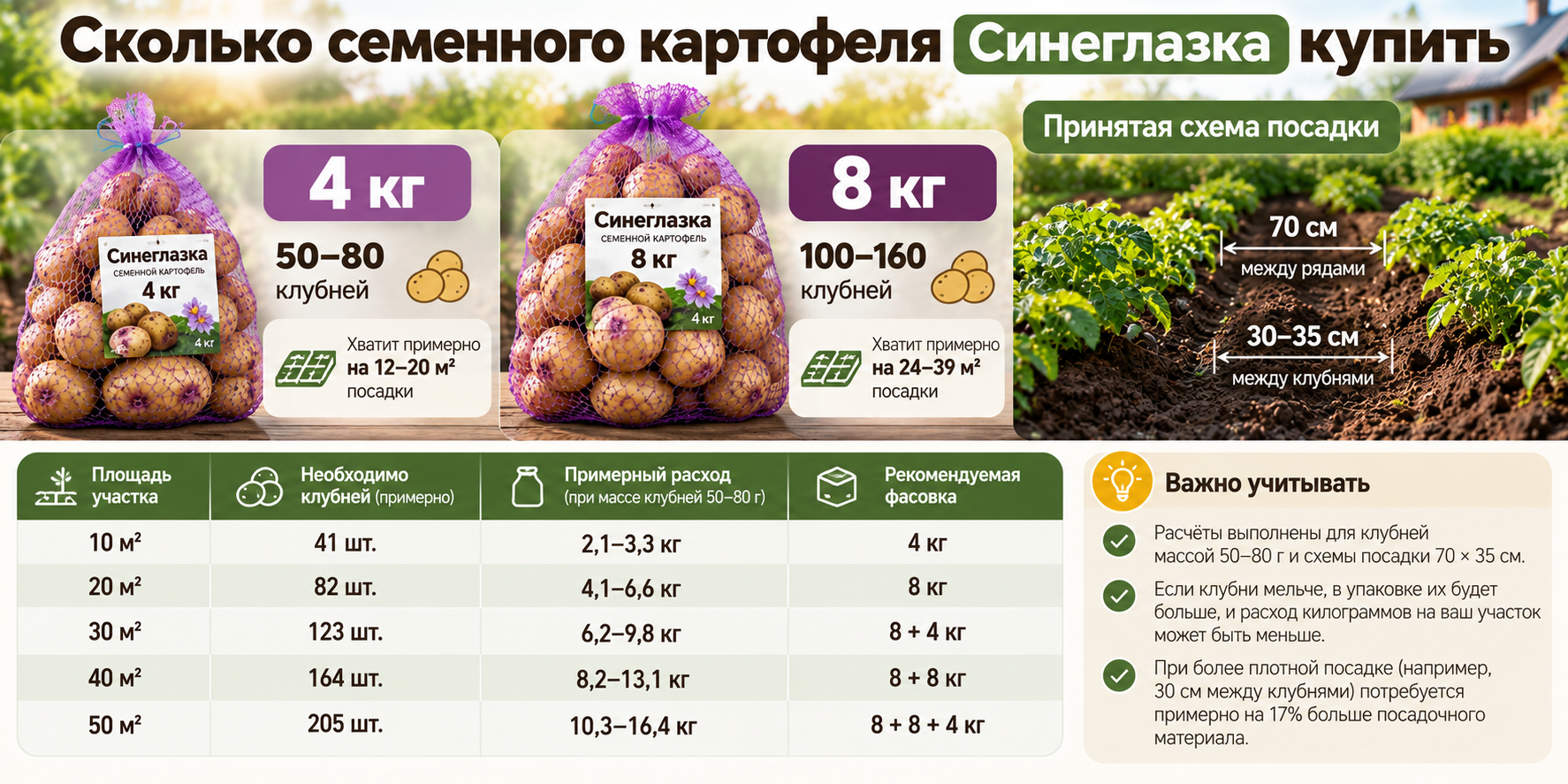 Сколько семенного картофеля Синеглазка купить — фасовки 4 и 8 кг, количество посадочных клубней и расчёт площади участка