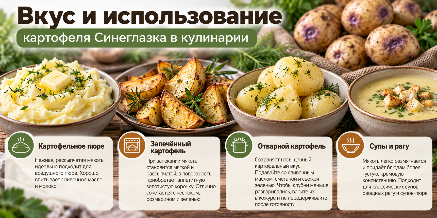 Вкус и использование картофеля Синеглазка в кулинарии — воздушное пюре, запечённый и отварной картофель