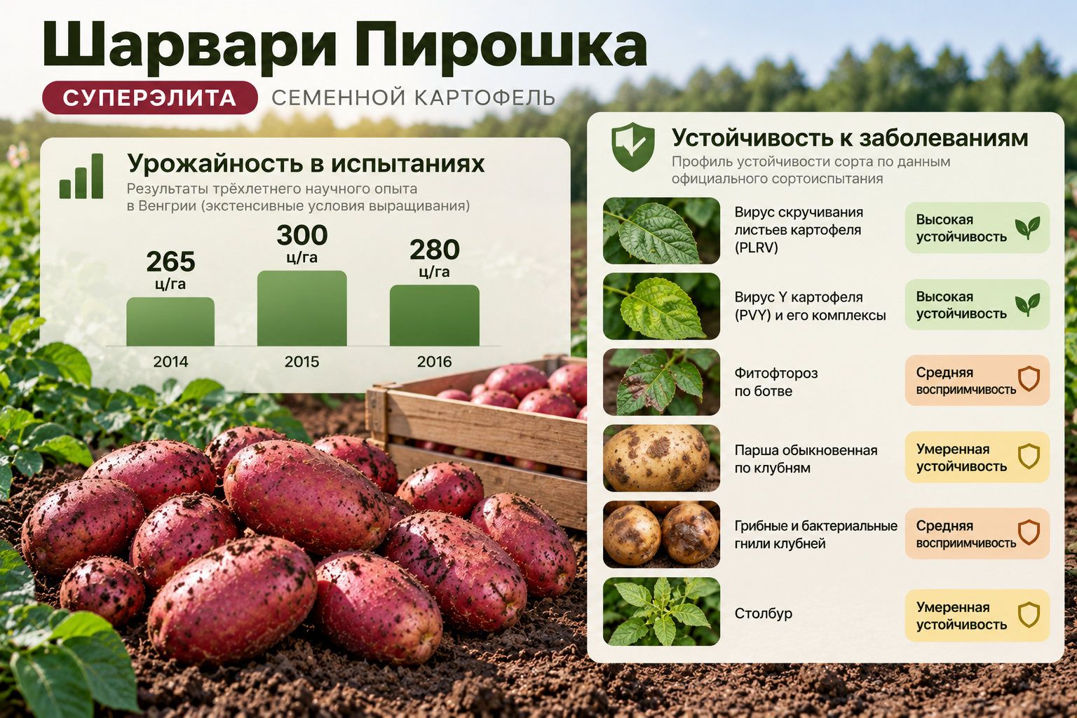 Характеристики картофеля Шарвари Пирошка: урожайность и устойчивость к заболеваниям