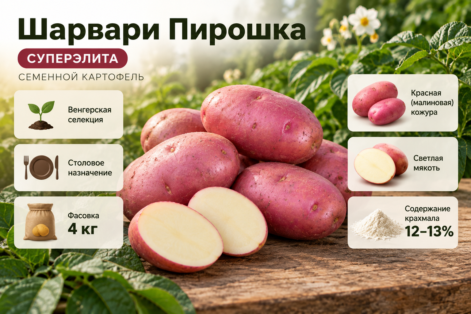 Кратко о сорте картофеля Шарвари Пирошка: суперэлита, красная кожура и крахмалистость 12–13%