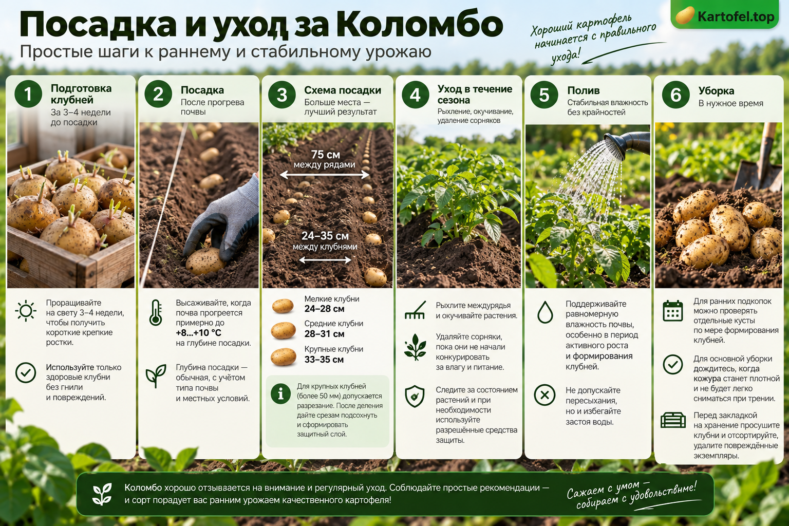 Посадка и уход за картофелем Коломбо: проращивание, схема посадки, полив и уборка