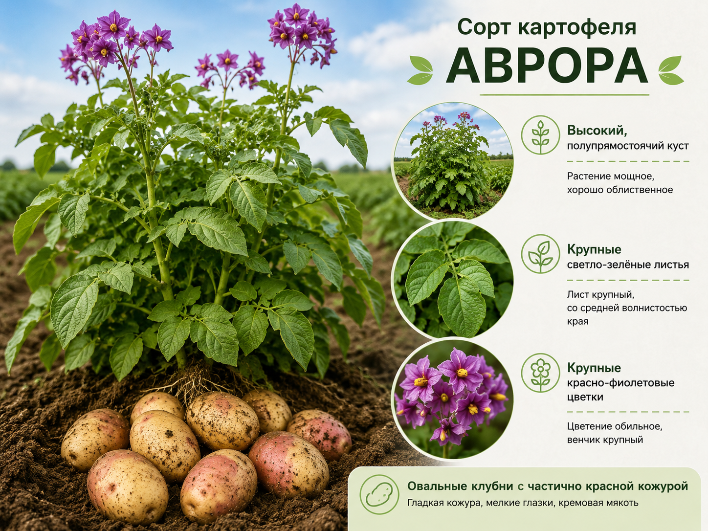 Куст, цветение и клубни картофеля сорта Аврора
